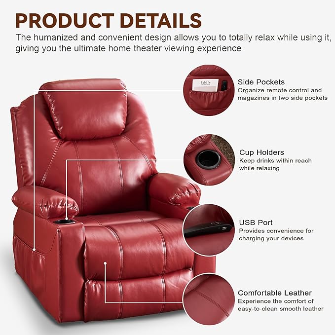 SALOHZA Power Lift Recliner Chair for Elderly with Massage and Heat for Living Room, Electric Recliner Chair for Adults with USB/Type C Port/Cup Holders, PU Faux Leather, Red