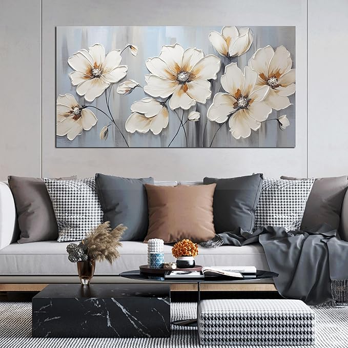 Large Canvas Wall Art Modern Wall Decor White Flower Theme Picture Wall Art with Frame Canvas Decorative Artwork Living Room Bedroom Home Office Hangable Decorative Painting Size 30x60