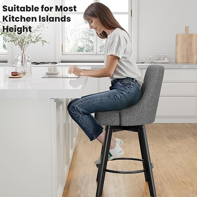 Swivel Bar Stools with Backs, 24" Counter Height Bar Stools Set of 6, Fabric Upholstered Counter Barstools with Solid Wood Legs for Kitchen Island, Home Bar, Dark Gray