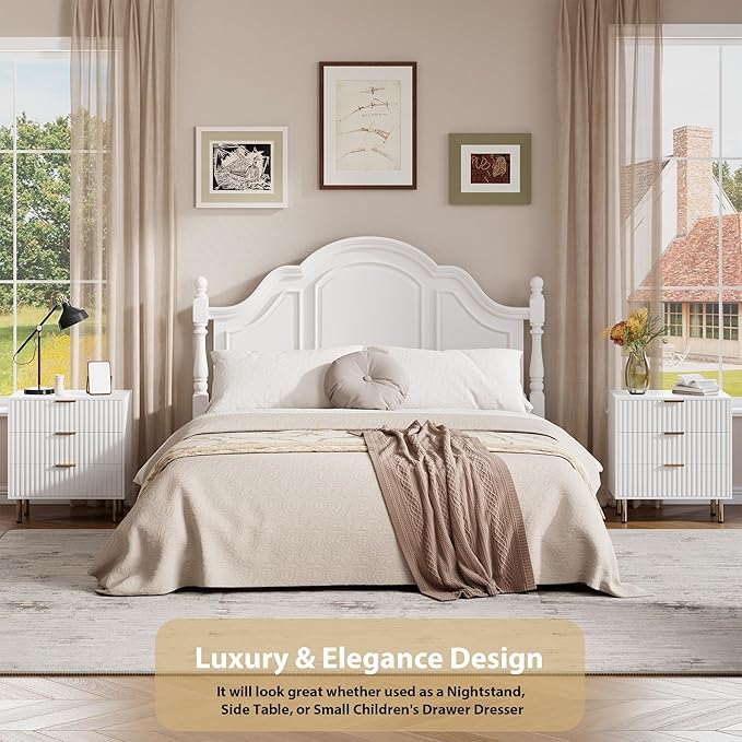 White 3 Drawer Dresser for Bedroom, Fluted Modern Nightstand with Deep Drawers, Chest of Drawers with Wide Top, Wooden Dresser Organizer, Side Table for Living Room, Hallway, Kids Room