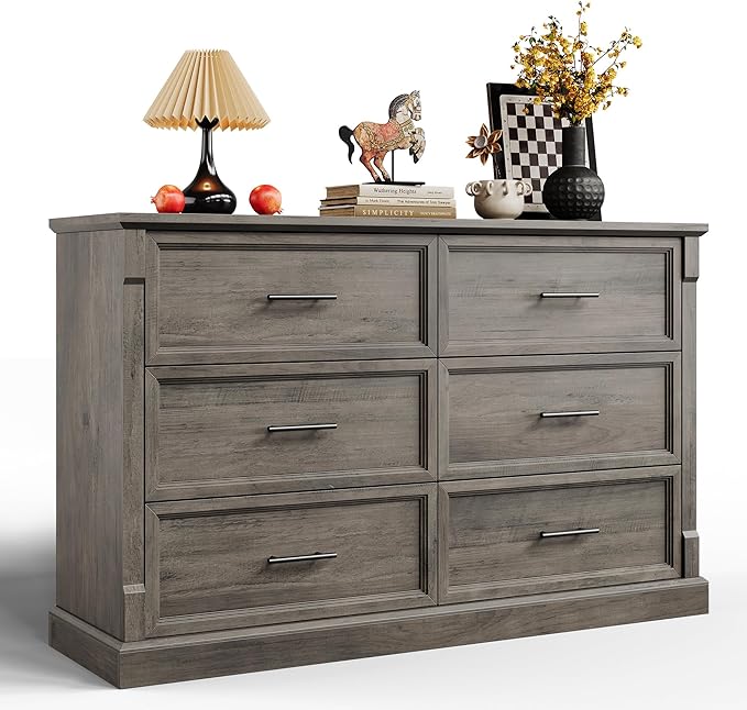 GAOMON Grey 6 Drawer Dresser for Bedroom, Farmhouse 47.2" Wide Chest of Drawers with Metal Handles, Rustic Double Wood Dresser, Storage Dressers Organizer for Living Room, Nursery