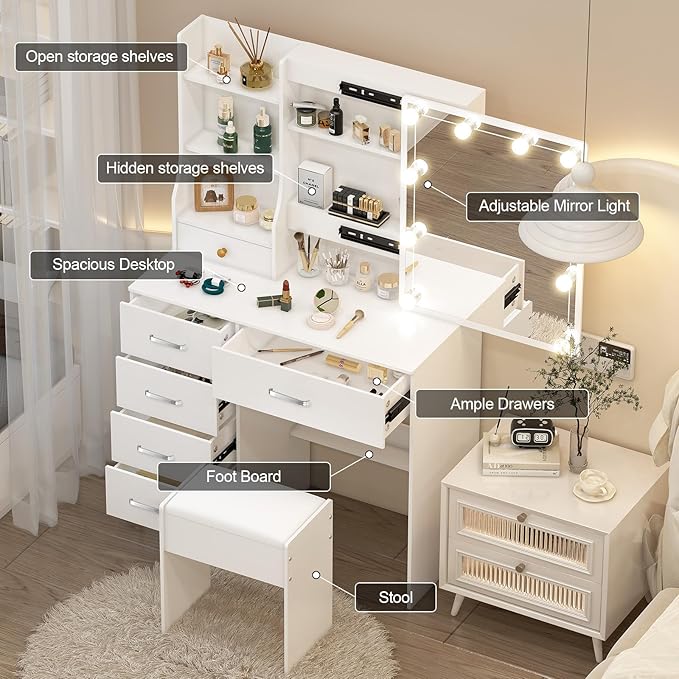 Small Vanity Desk with Sliding Mirror & Bulbs Lights, 3 Color Light Settings Makeup Table with 6 Storage Drawers and 6 Shelves, Bedroom Dressing Table with Chair for Girls, White