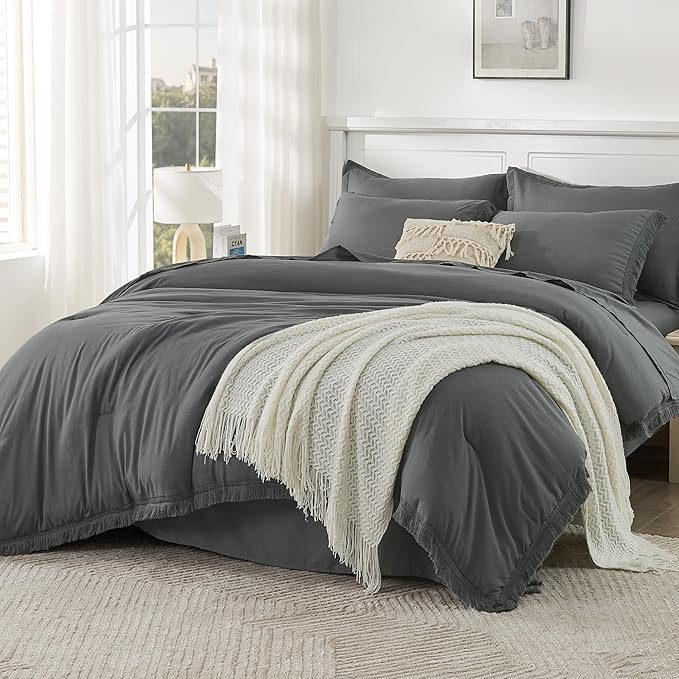 Andency California King Size Comforter Set with Sheets Dark Grey - 7 Pieces Cal King Bed in a Bag Boho Bedding Sets, Dark Grey Bed Set with Comforter, Sheets, Pillowcases & Shams