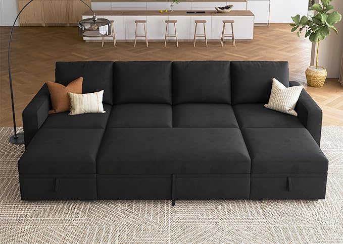HONBAY Modular Sectional Sleeper Sofa Bed, Velvet Sectional Couch with Pull Out Bed U Shaped Modular Couch with Storage Ottoman for Living Room, Black