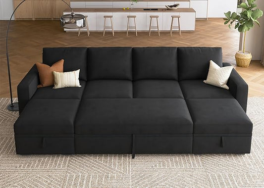 HONBAY Modular Sectional Sleeper Sofa Bed, Velvet Sectional Couch with Pull Out Bed U Shaped Modular Couch with Storage Ottoman for Living Room, Black