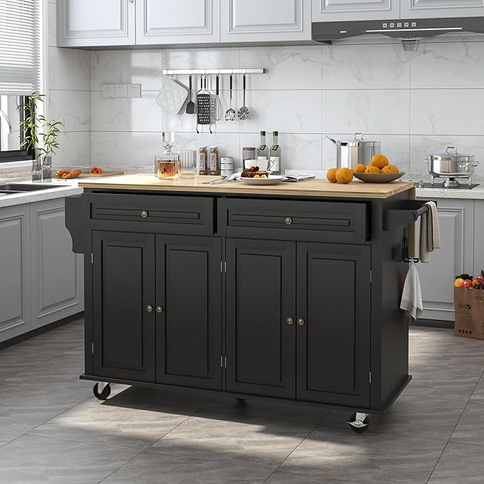 59" Kitchen Cart with Wood Top and Drop Leaf Breakfast Bar, Rolling Mobile Kitchen Island Table on Wheels with Drawer and Storage Cabinet, Spice Rack, Towel Rack, Black
