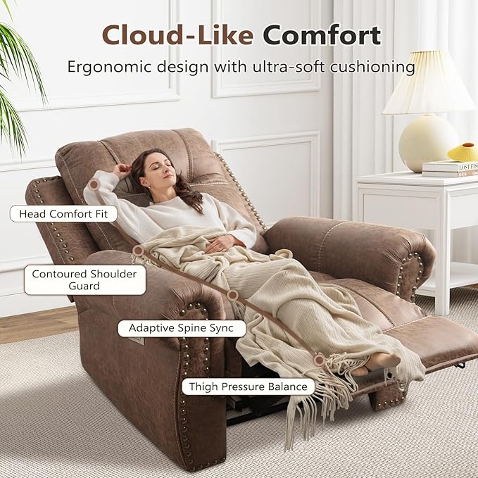 ANJ Electric Power Recliner Chair with USB Ports, Set of 2, Breathable Faux Leather Oversized Recliner with Comfortable Arms, Back and Headrest, Single Sofa for Living Room, Nut Brown