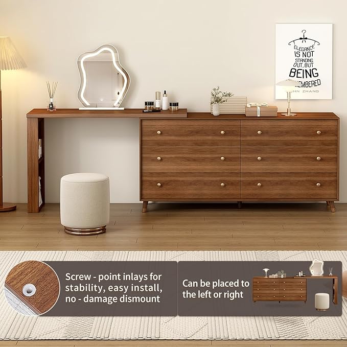 Makeup Vanity Desk Set with Cloud-Pattern HD Lighted Mirror and Stool, 60-100in Extendable Modern Vanity Table, 6-Drawer Solid Wood Frame Storage Cabinet Brown