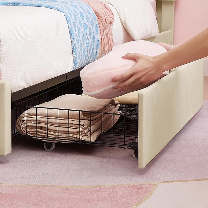 VECELO Full Bed Frame, Platform Bed Frame with Underbed Storage Drawers and Adjustable Height Upholstered Headboard, Heavy-Duty Frame and Strong Wooden Slats Support, Noise-Free, Easy Assembly, Beige