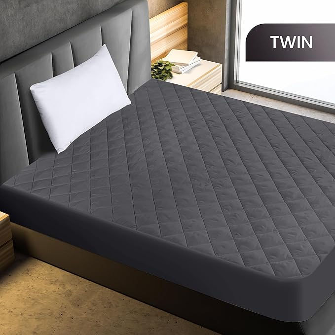 Utopia Bedding Quilted Fitted Mattress Pad, Twin Size, Elastic Fitted Mattress Topper Protector and Cover Stretches up to 16 Inches Deep, Machine Washable (Grey)