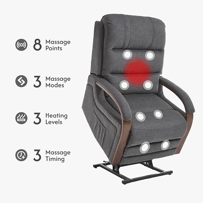 FLEXISPOT Dual Motor Power Lift Recliner Chair for Elderly, Electric Lay Flat Reclining Chair with Massage & Heat, Side Pockets, Fabric Single Sofa for Living Room,Charcoal Gray