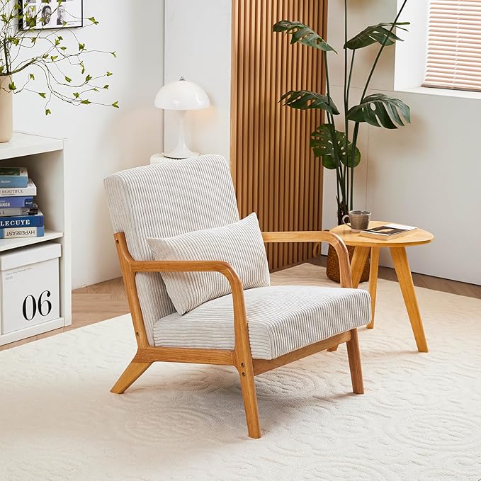 IKIFLY Upholstered Accent Chair Set of 2, Mid Century Modern Living Room Chair with Solid Wood Frame, Reading Arm Chair with Pillow & Lumbar Cushion for Office, Reading Room, Bedroom - Beige