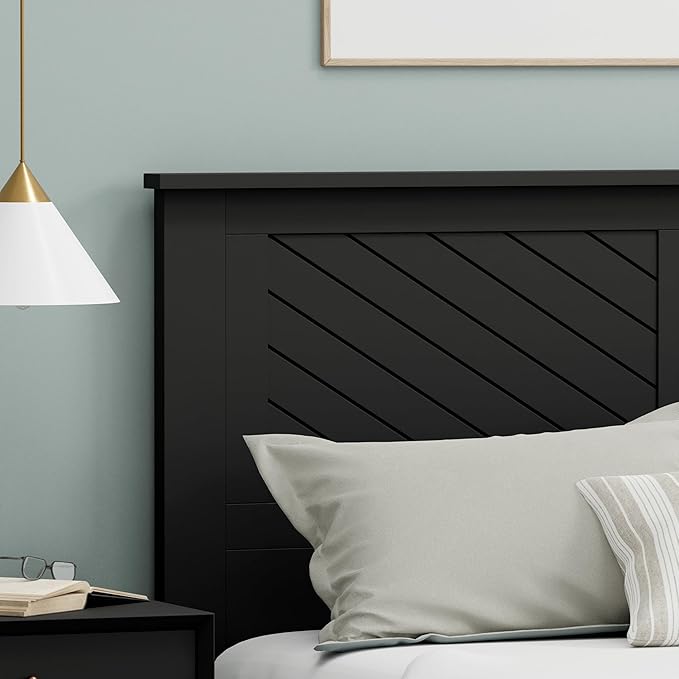 Serene Poplar Wood Full Headboard, Modern Farmhouse Panel with Chevron Scoring, Full Size Headboard in Black, Casual Coastal Style, Easy Assembly, Quality Materials