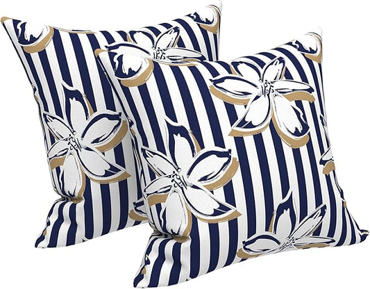LVTXIII Outdoor/Indoor Throw Pillows, Decorative Throw Pillows with Inserts, 18"x18" Square Pillows for Bed, Couch, Sofa and Patio Furniture, Set of 2, Clemens Cabana Navy