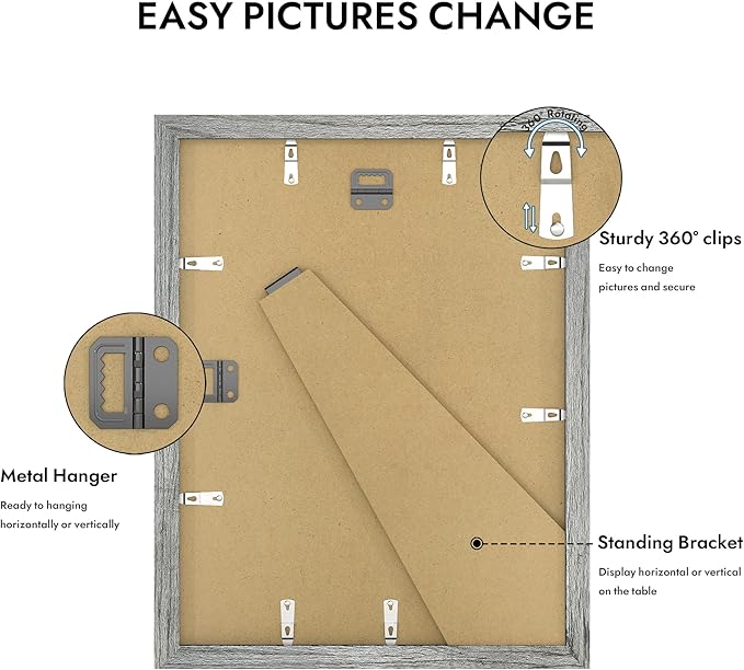 11x14 Picture Frame with Real Glass - 8x10 Wooden Frame with Mat, Horizontal and Vertical Display for Wall or Tabletop (Grey, 1 Pack)