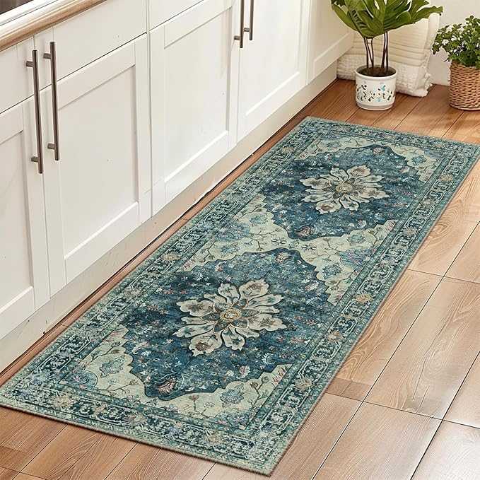 Area Rugs 2'x6' Washable Non-Slip, Floral Vintage Distress Print Pattern Medallion Carpet for Living Room Bedroom Dining Room, Dark Blue Vintage