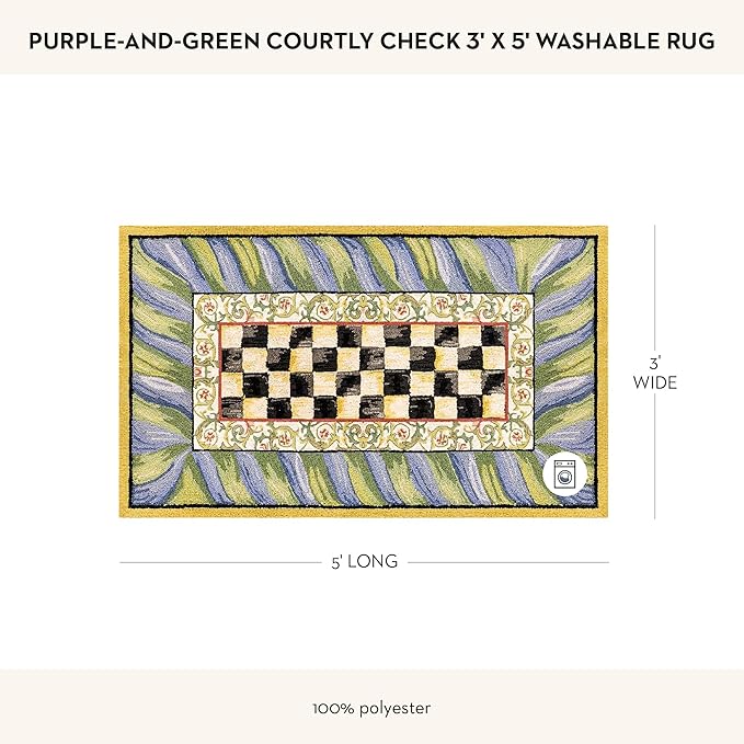 MACKENZIE-CHILDS Washable Rug, Decorative Indoor Rug, 3' x 5', Purple-and-Green Courtly Check