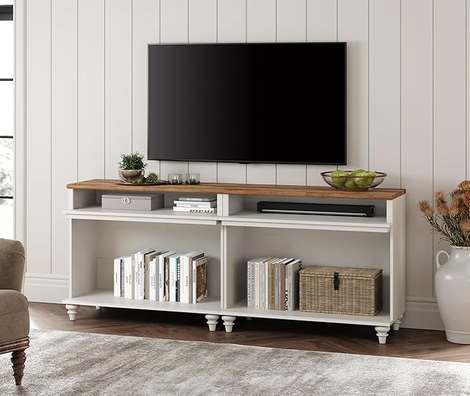WAMPAT Farmhouse TV Stand for 75 inch TV, Wood Universal TV Stand with Storage Shelfves, Highboy Entertainment Center TV Console Table, White