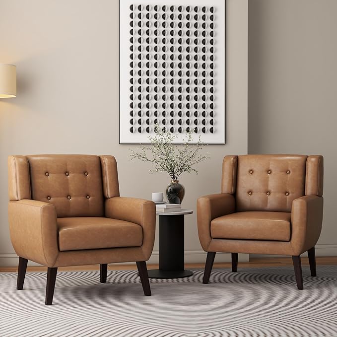 Accent Chair, Mid-Century Modern PU Leather Chairs with Arms for Living Room, Comfy Upholstered Club Single Sofa Armchair for Bedroom Waiting Room with Solid Wood Frame（Leather Brown, Set of 1)