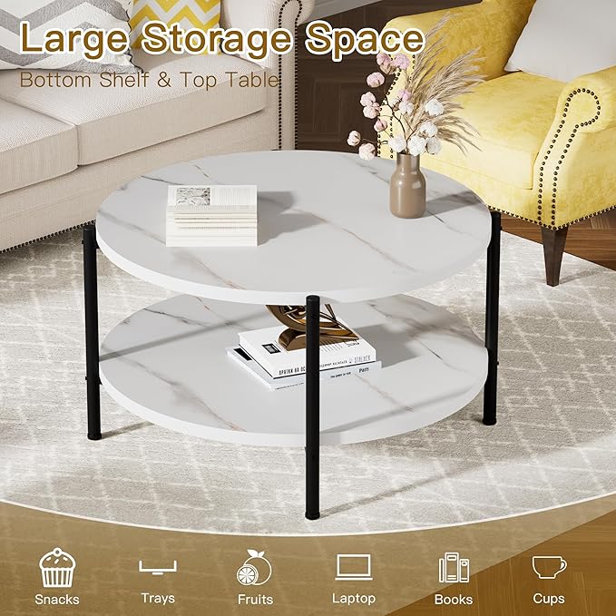 Round Coffee Table, 27.6" Circle Coffee Table for Living Room, 2-Tier Wood Accent Center Table with Open Storage Industrial Design Home Furniture, White