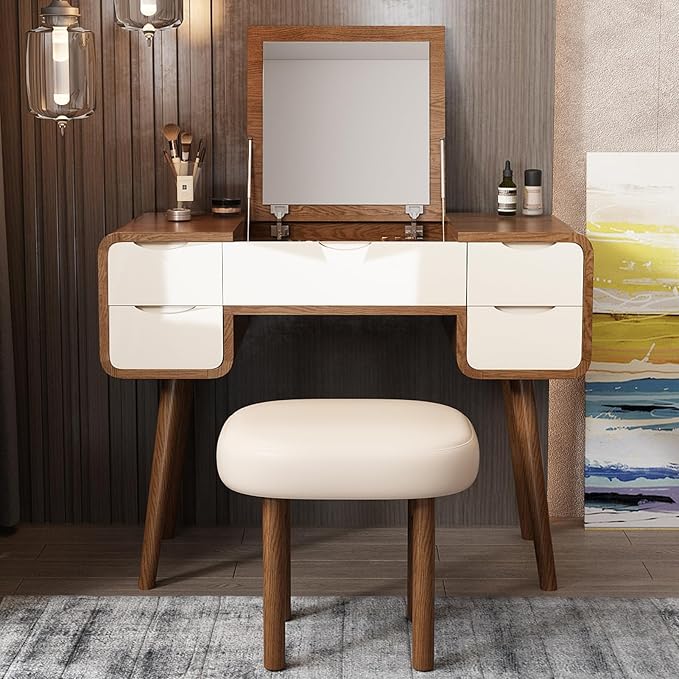 Lartis Flip Top Vanity Table Stylish Makeup Vanity with Stool, Makeup Vanity Desk, Reversible Makeup Mirror, Hidden Storage Compartment,Very Easy to Assemble,Can be Used as a Desk