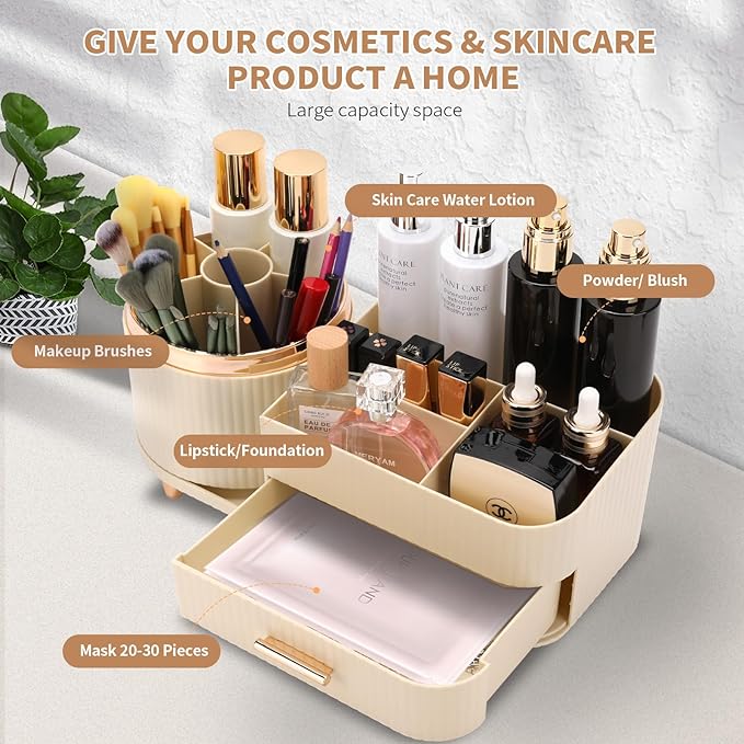Makeup Organizer for Vanity, Cosmetic Display Case with Drawers, Fits Makeup, Skincare Products, Brushes, Lipsticks, and Other Accessories, Versatile Storage Solution (Cream)