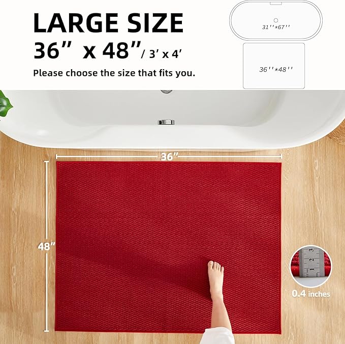 Large Bathroom Rugs Non Slip Washable Bath Rugs Super Absorbent Bathroom Rug Thin Quick Dry Low Pile Bath Mats, Red 36"x48"