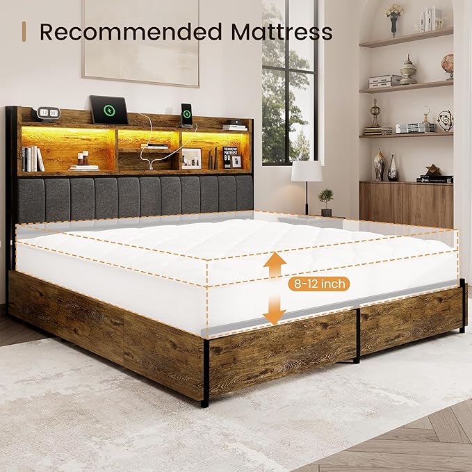 King Bed Frame with 6 Storage Drawers, Linen Upholstered Headboard, Built-in USB Charging Station & LED Lighting, Silent Metal Support, No Box Spring Needed, Vintage Brown