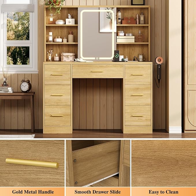 47'' W Large Vanity Desk with Mirror and Lights, 8 Storage Shelves 7 Drawers Vanity Table, Big Makeup Vanity Desk with 3 Lighting Modes, Vanity Dresser with Charging Station, Sliding Mirror (Natural)