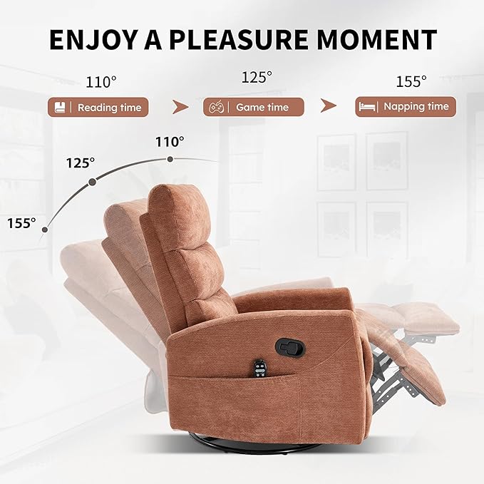 PELUMY Massage Recliner Chair with Heat - Manual Rocker Swivel Recliner, 360° Rotation & 155° Recline for Living Room（Linen Fabric, Orange）