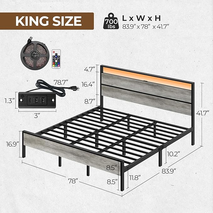 Rolanstar King Bed Frame with Headboard, Bed Frame King with LED Lights, Camas King Size Bed with Charging Station, Solid Metal Slats, Noise Free, No Box Spring Needed, Grey