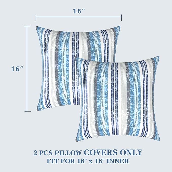 LVTXIII Outdoor Throw Pillow Covers 16 x 16 Inch, Covers ONLY Modern Cute Pattern Decorative Square Toss Pillow Case Pack of 2 for Home Patio Garden Sofa Bed Furniture, Stripe Layered Blue