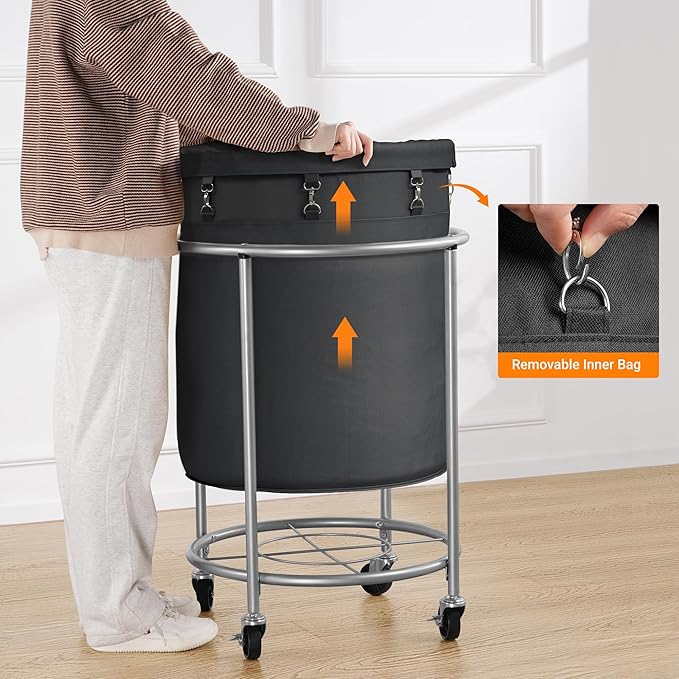 ELYKEN Laundry Hamper on Wheels, 23.6" Diameter 170L Large Capacity Laundry Basket with Removable Liner Bag, Easy Rolling Clothes Cart with 4 Casters and 2 Brakes, Sturdy Metal Frame, Black