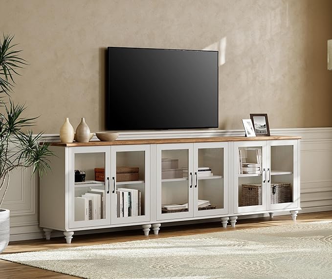 WAMPAT Modern TV Stand for 100 Inch TV, Wood TV Cabinet Entertainment Center for 95/90/85 Inch TV, Large Kitchen Buffet Cabinet with 6 Glass Door for Dining Room & Living Room, White