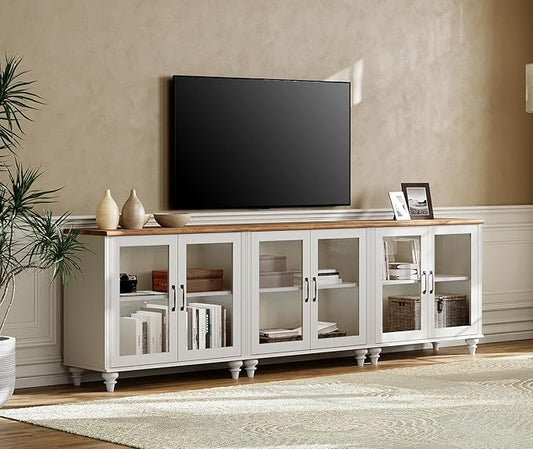 WAMPAT Modern TV Stand for 100 Inch TV, Wood TV Cabinet Entertainment Center for 95/90/85 Inch TV, Large Kitchen Buffet Cabinet with 6 Glass Door for Dining Room & Living Room, White