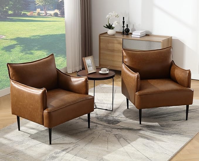 Mid Century Modern Accent Chair Armchair, Brown PU Leather Living Room Chair Sofa Lounge Chair with Metal Legs Reading Chair with Armrest for Bedroom Office Apartment