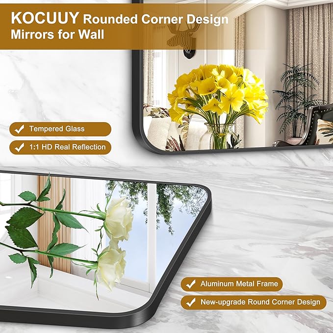 KOCUUY 36"x48" Large Rectangle Vanity Mirror, Black Metal Frame Mirror with Rounded Corner, Modern Design of Upgraded Shatterproof Glass for Bathroom, Bedroom, Living Room, Entryway