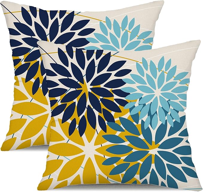 DFXSZ Outdoor Pillow Covers 18x18 Inch Set of 2 Green Yellow Blue Flower Decorative Waterproof Spring Summer Outdoor Pillow Covers for Patio Funiture Garden Couch 168F18