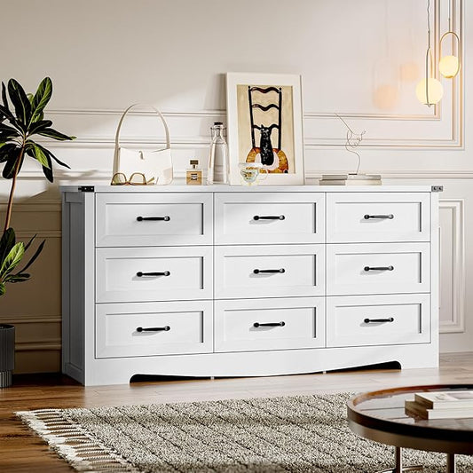 9-Drawer Dresser for Bedroom, Modern Wooden Chest of Drawers with Metal Handles, Anti-Tipping Design, Sturdy and Stable Storage Organizer for Living Room, Entryway, Home Office