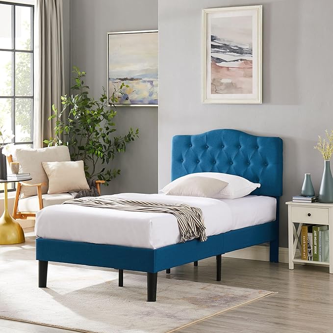 VECELO Twin Size Platform Bed Frame with Fabric Upholstered Headboard and Wooden Slats Support, No Box Spring Needed/Easy Assembly,Blue