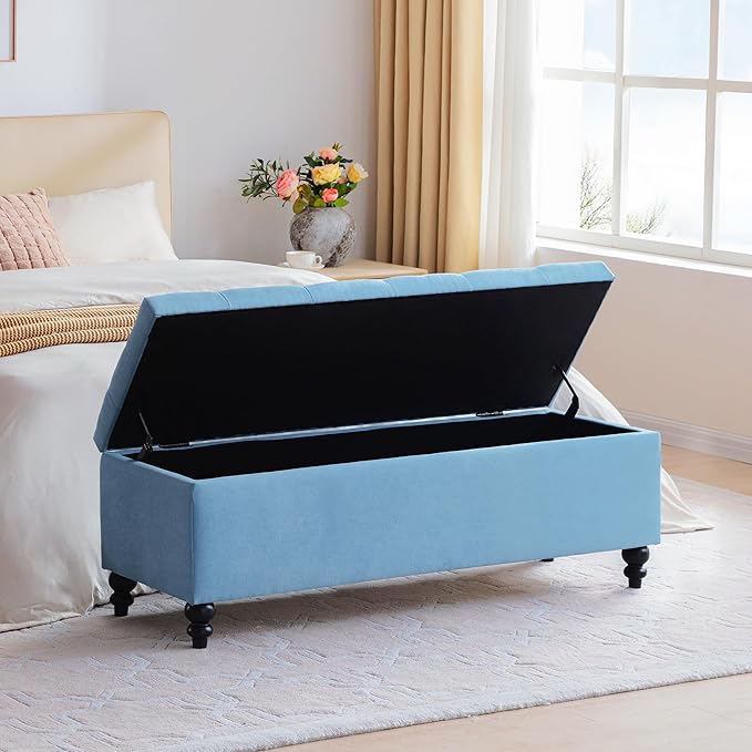 HUIMO 50-inch Storage Ottoman Bench in Upholstered Fabrics, Button-Tufted Large Window Bench for Bedroom, Living Room, End of Bed Bench Hold Up to 300lbs (Light Blue), OT1-1