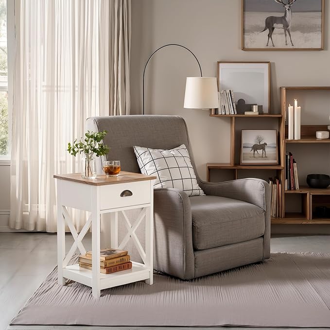 ALPHA HOME Side Table with Drawer, Farmhouse End Table Set of 2, Bedside Table Storage Shelf for Small Spaces, Nightstands Set for Living Room, Bed Room(Ivory)