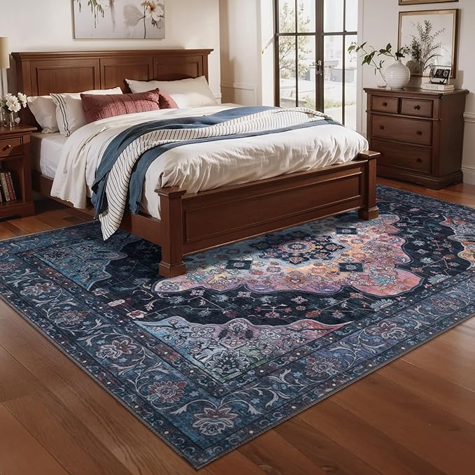 Tangsoo 4x6 Vintage Area Rug with Non Slip Backing, Machine Washable Rug Low Pile Living Room Rugs for Bedroom, Dining Room, Office, Navy/Multi Print Distressed Floor Carpets