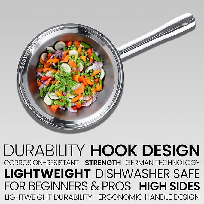 3 Piece Stainless Steel Frying Pan Set 8, 10, 12 Inch - Tri Ply Stainless Steel Skillet Healthy Cookware - Fry Pans for Induction Gas Electric Ceramic Stove & Oven Safe