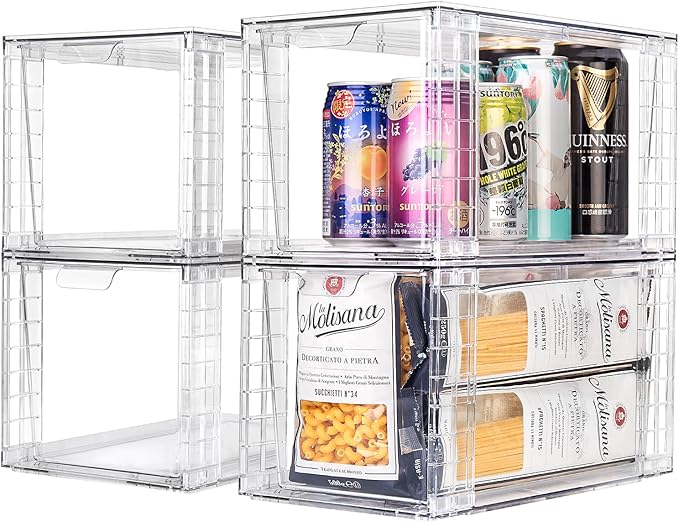 2Pack Large Stackable Kitchen Storage Drawers, Clear Foods Organizer Bins with Handles, Easily Assemble for Bathroom, Kitchen, Pantry, Cabinet, Closet(XL-UP Handle)