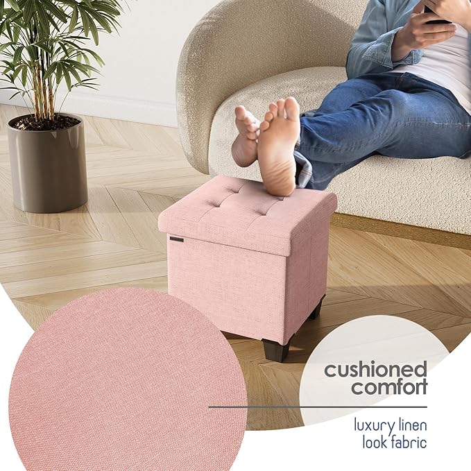 STORAGEBUD Storage Ottoman Cube with Small Bin, 16-in Square Ottoman with Storage for Living Room and Bedroom, Small Ottomans Foot Rest, Fabric Foot Stools Ottomans Max 330lbs, Pink
