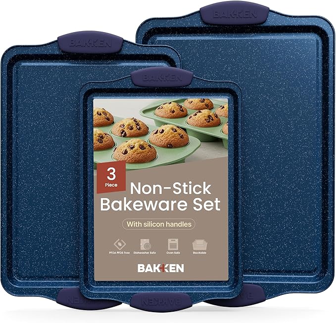 BAKKEN Kitchen Baking Pan Set - Nonstick Coating, Carbon Steel Bakeware Sets with Blue Silicone Handles, Baking Kitchen Essentials, PFOA, PFOS, PTFE Free, Oven Safe Tray (Up To 450° F), Set of 3