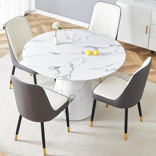 45 Inch Round Dining Table Set for 4, 5 Piece Kitchen Table and Chairs Set, White Faux Marble Table Top, Small Space Dining Set for Apartment or Dining Room