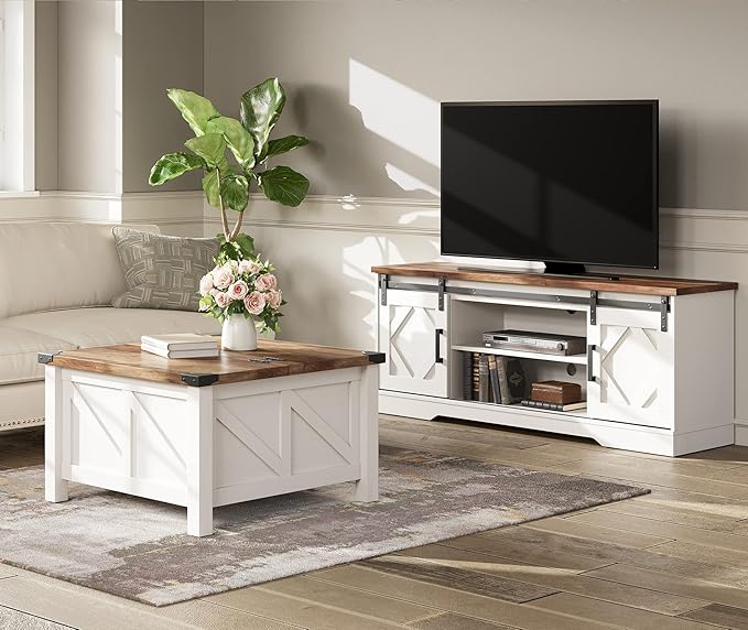 WAMPAT Farmhouse 65 in TV Stand and Coffee Table Set, Entertainment Center for TVs Up to 65", 30" Square Wood Center Table with Gas Spring Flip-Top for Living Room,Antique White