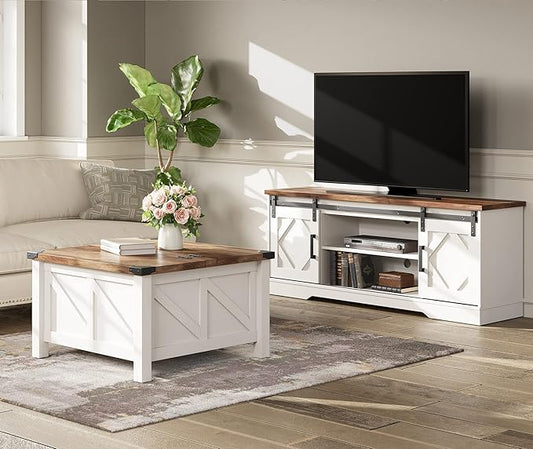 WAMPAT Farmhouse 65 in TV Stand and Coffee Table Set, Entertainment Center for TVs Up to 65", 30" Square Wood Center Table with Gas Spring Flip-Top for Living Room,Antique White